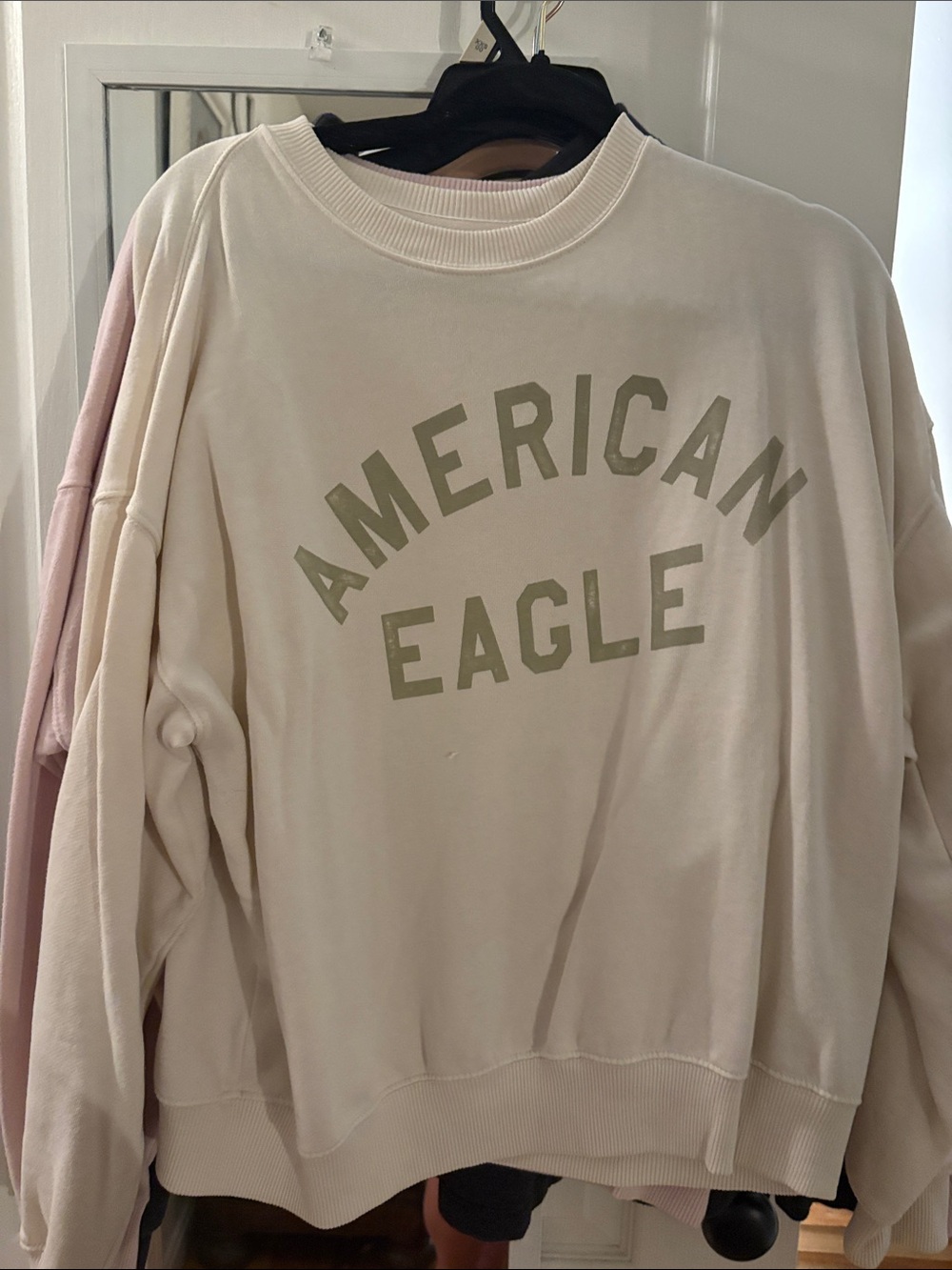 American Eagle Outfitters Cream Crewneck with Olive Logo